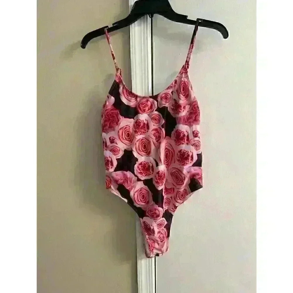 Large Brazilian Bikini Swimsuit Pink Roses NWT